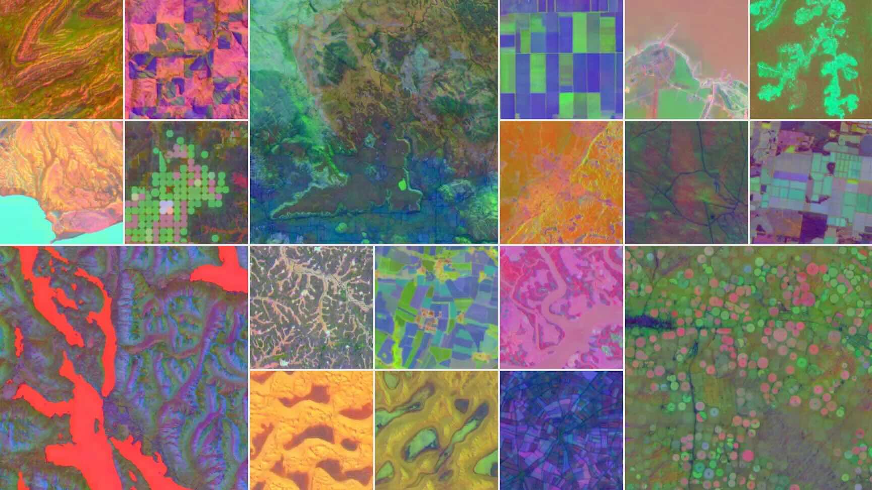 A detailed collage of 20 multi-colored tiles featuring high-resolution satellite imagery of various landscapes, illustrating global mapping data