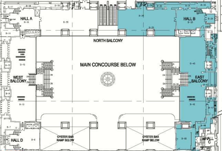 Grand Central Terminal floor plan with entrances around the sides and an obstruction in the centre.