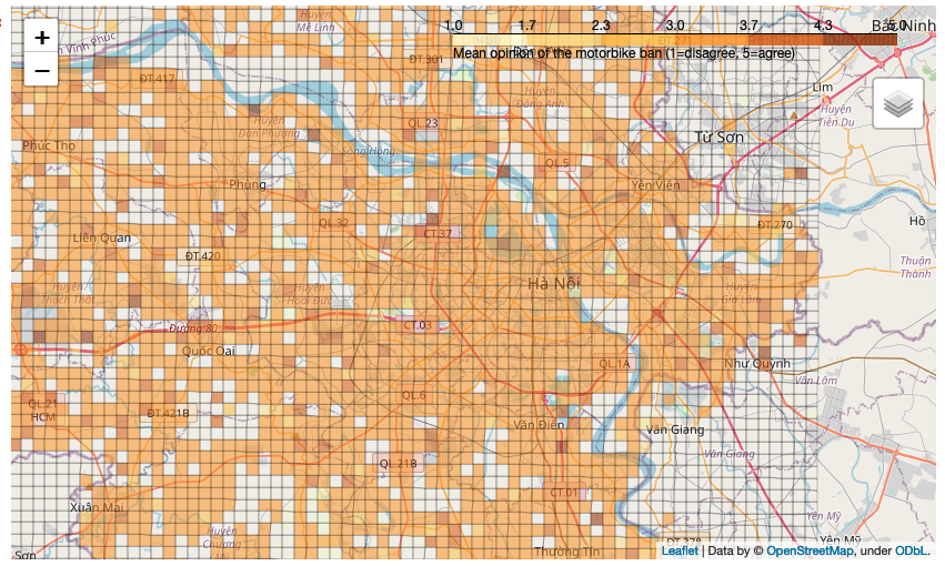 Map showing the opinion of people towards the possible motorbike ban