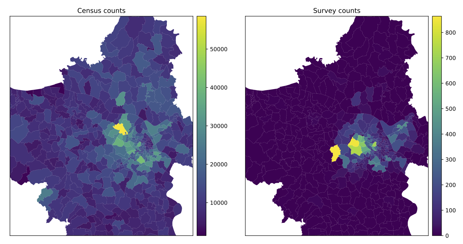 Map comparing household counts from the census to survey responses.