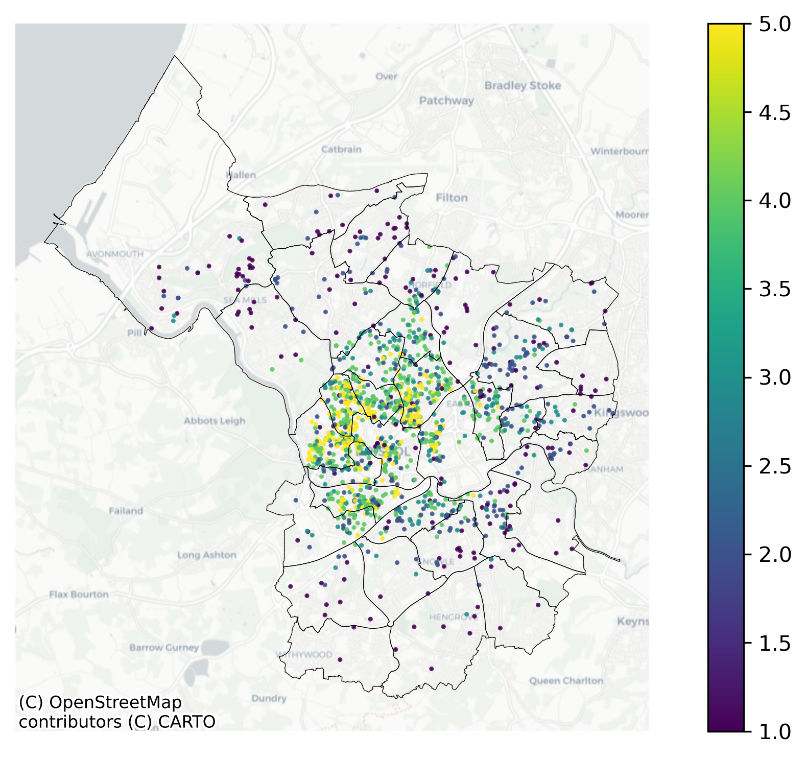 Map of listing gentrification scores. Higher scores tend to be 
                              in the centre of the city