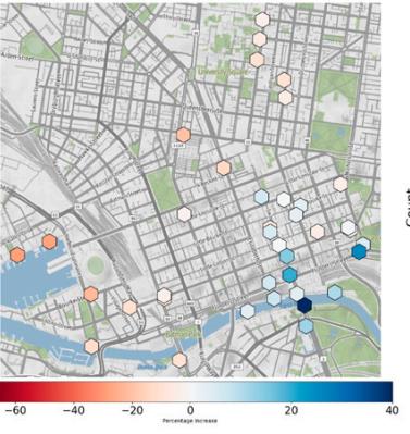 Map of the percentage difference between observed and predicted counts on Anzac Day