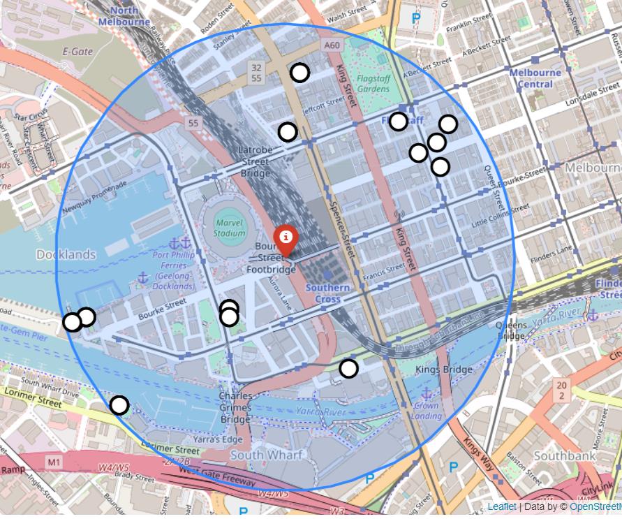 Example buffer zone around a sensor within which spatial features are counted