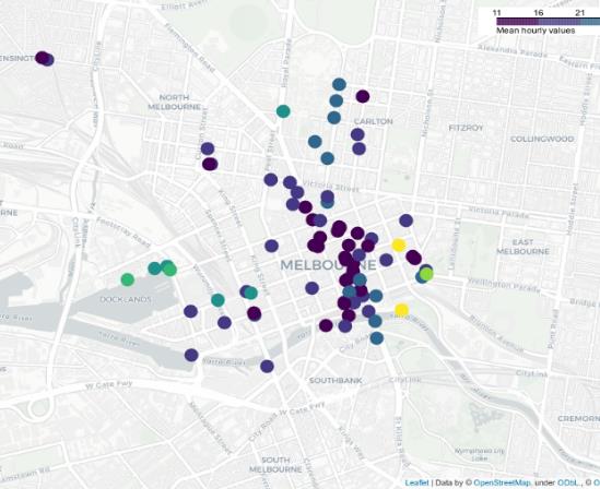 Map of mean absolute percentage error per sensor across Melbourne