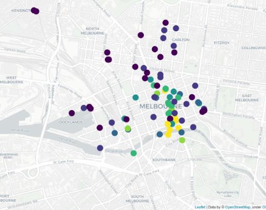 Map of mean hourly pedestrian counts per sensor across Melbourne