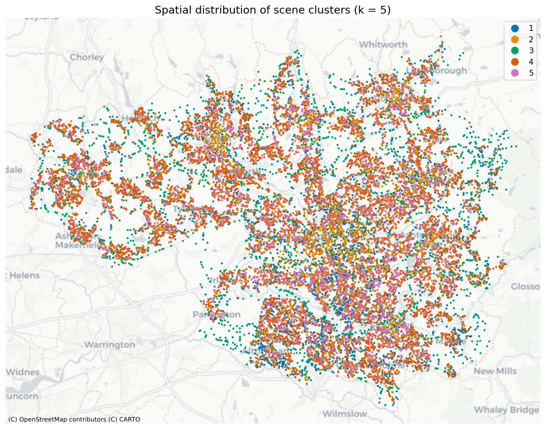 Spatial distribution of the five image clusters across Greater Manchester