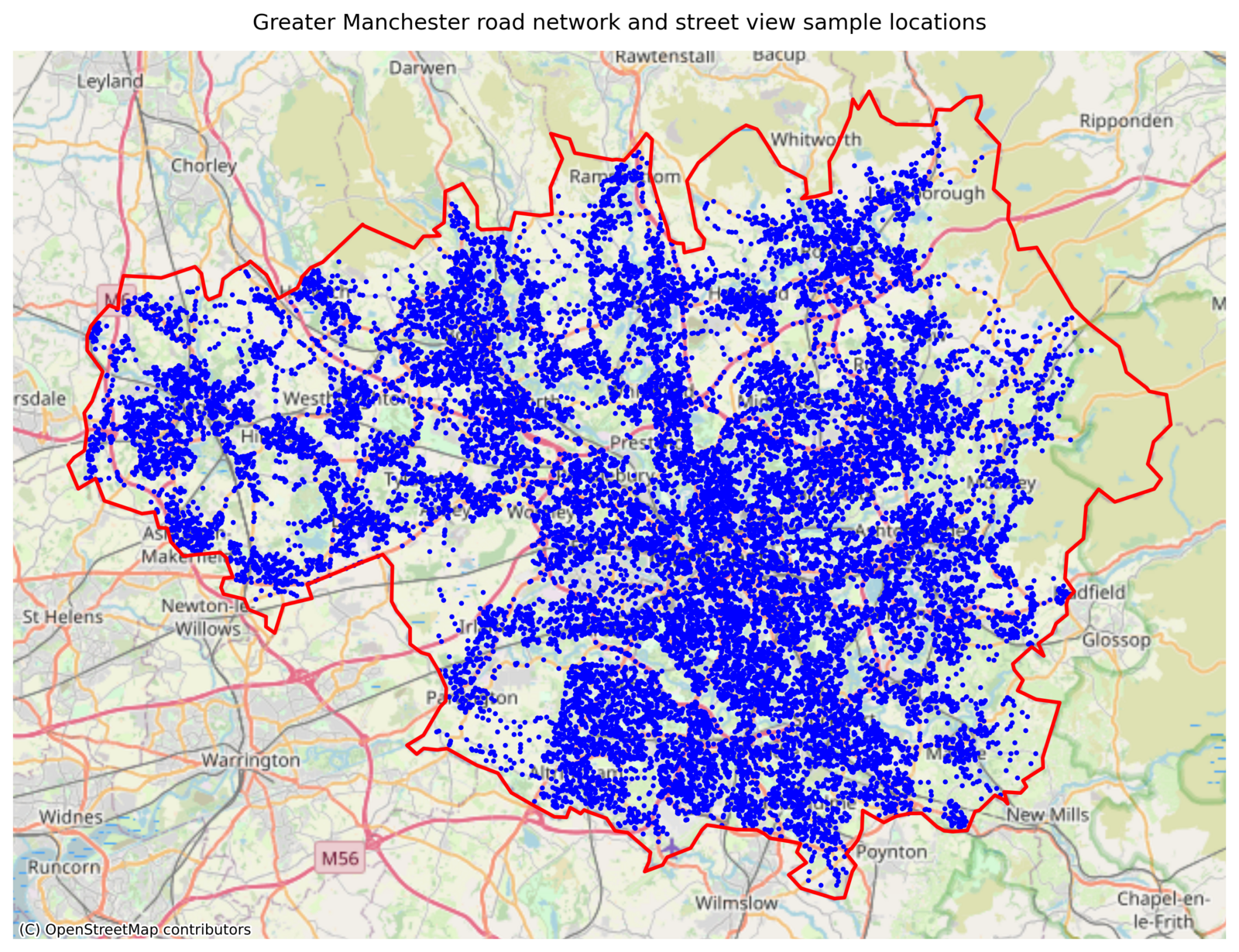 Map of Greater Manchester showing sampled Street View point locations