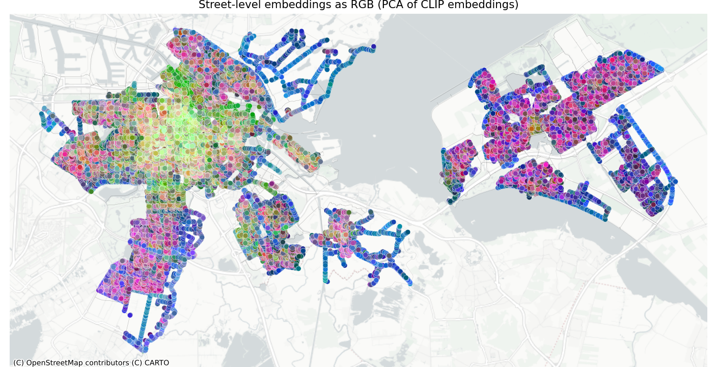 Map of PCA-normalised colours of embeddings of images taken in Amsterdam
