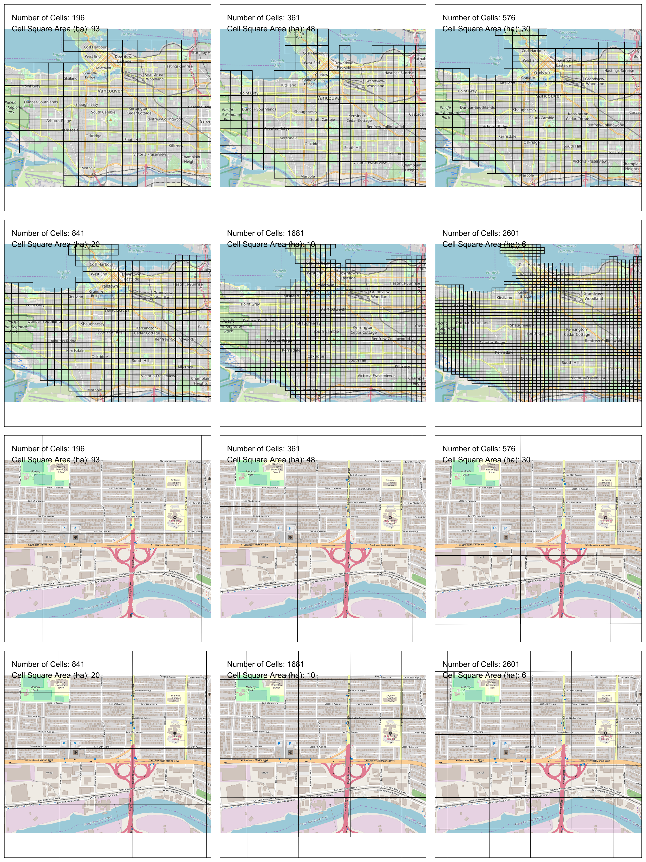 map of some of the different sized grids used